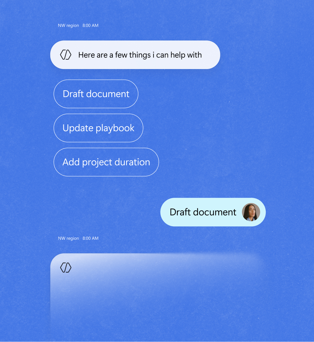 Chat interface on a blue background shows options: Draft document, Update playbook, Add project duration. A user selects “Draft document.” Profile image appears beside the selection.