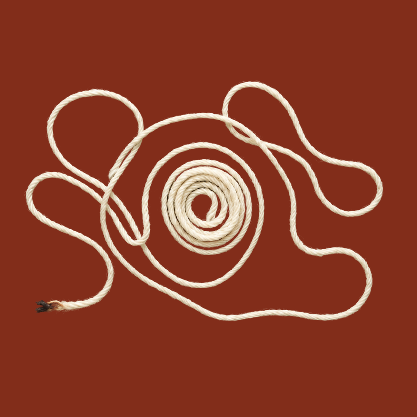 A coiled white rope with loose ends arranged in loops, placed on a solid reddish-brown background.