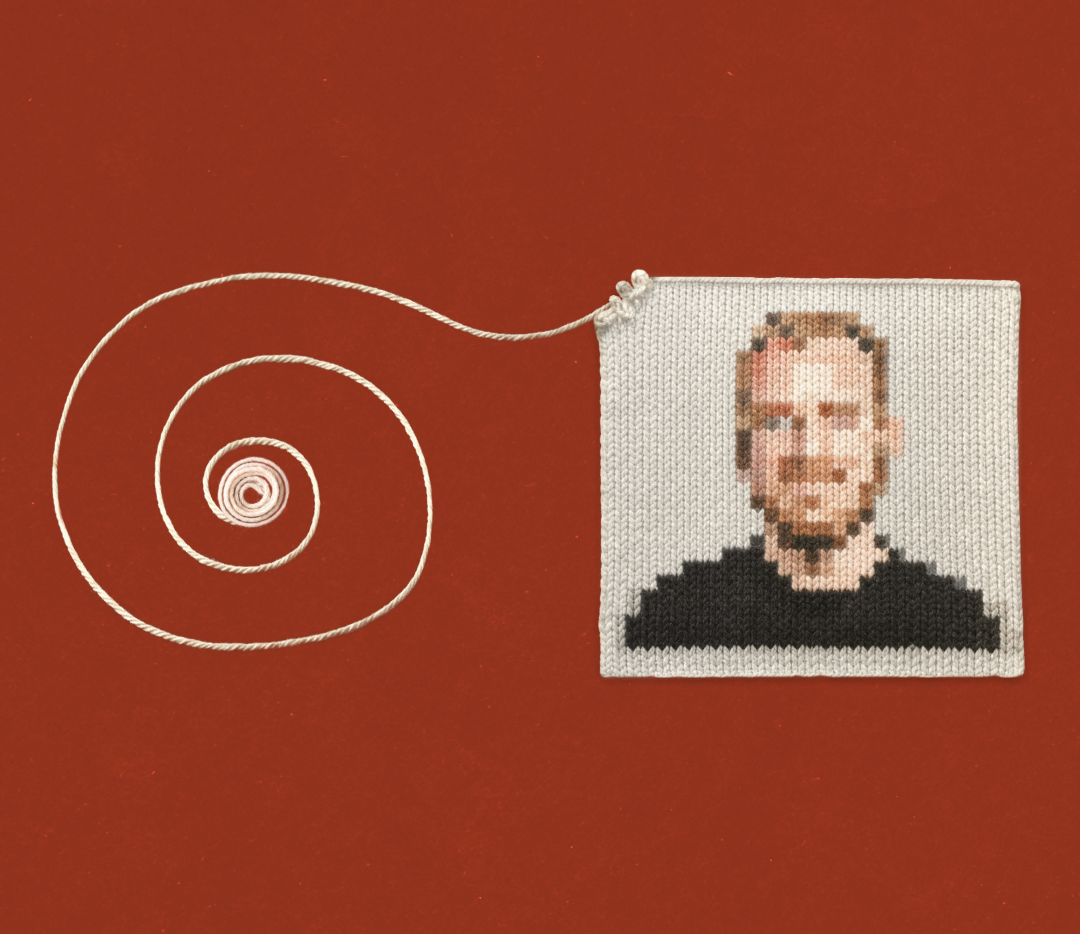 A pixelated portrait of a man is knitted on a square piece of fabric; a loose strand of yarn spirals outward on a red background.