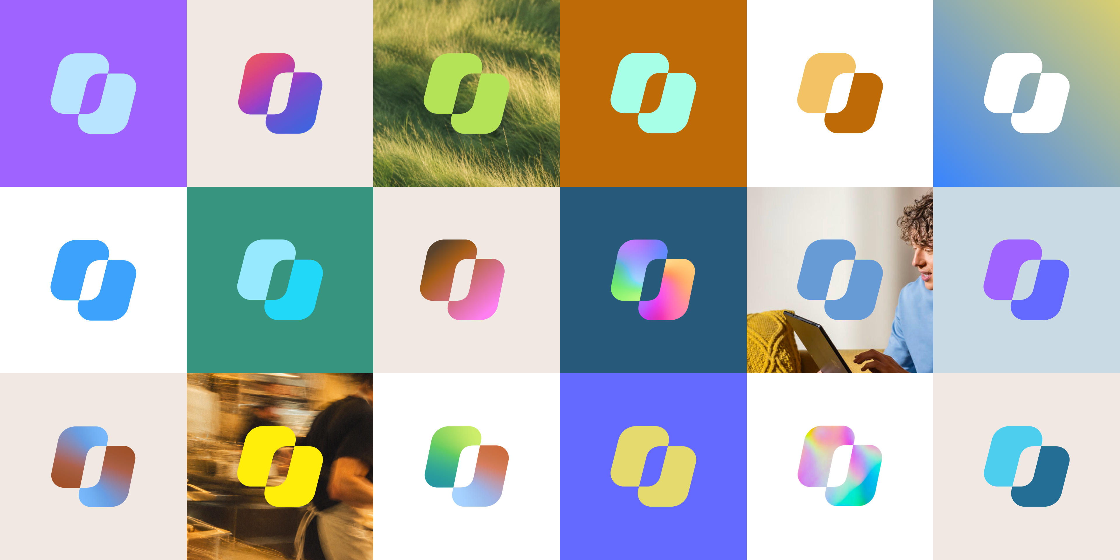 A grid of 20 squares displays a colorful, overlapping oval logo on various backgrounds, including solid colors, gradients, and blurred photos of people and nature.