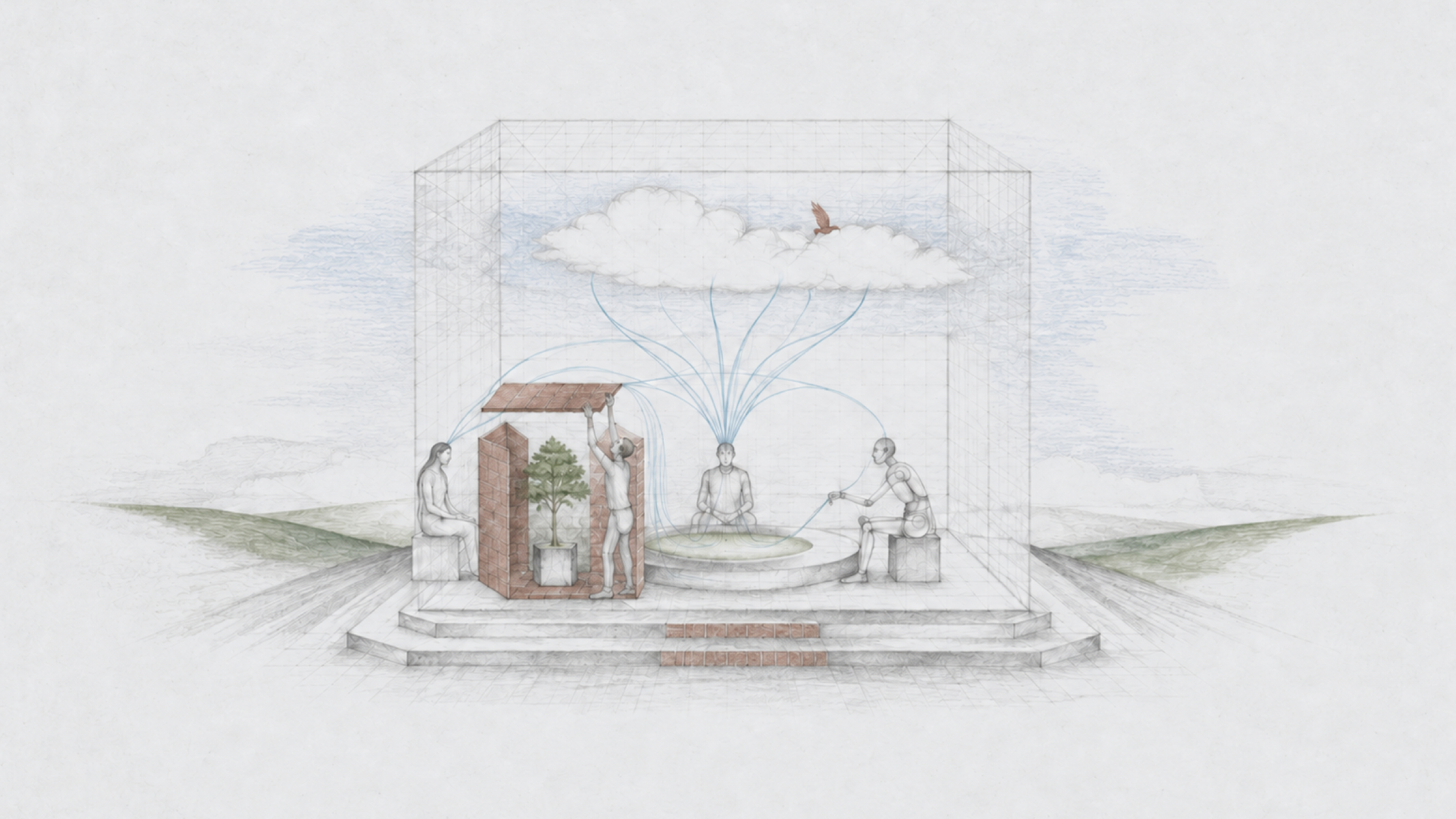 A pencil sketch shows three people in a glass room. Two are seated, one by a plant and one by a circular pool; the third stands, touching the water. Blue lines connect them to a cloud above, with a bird perched on top.