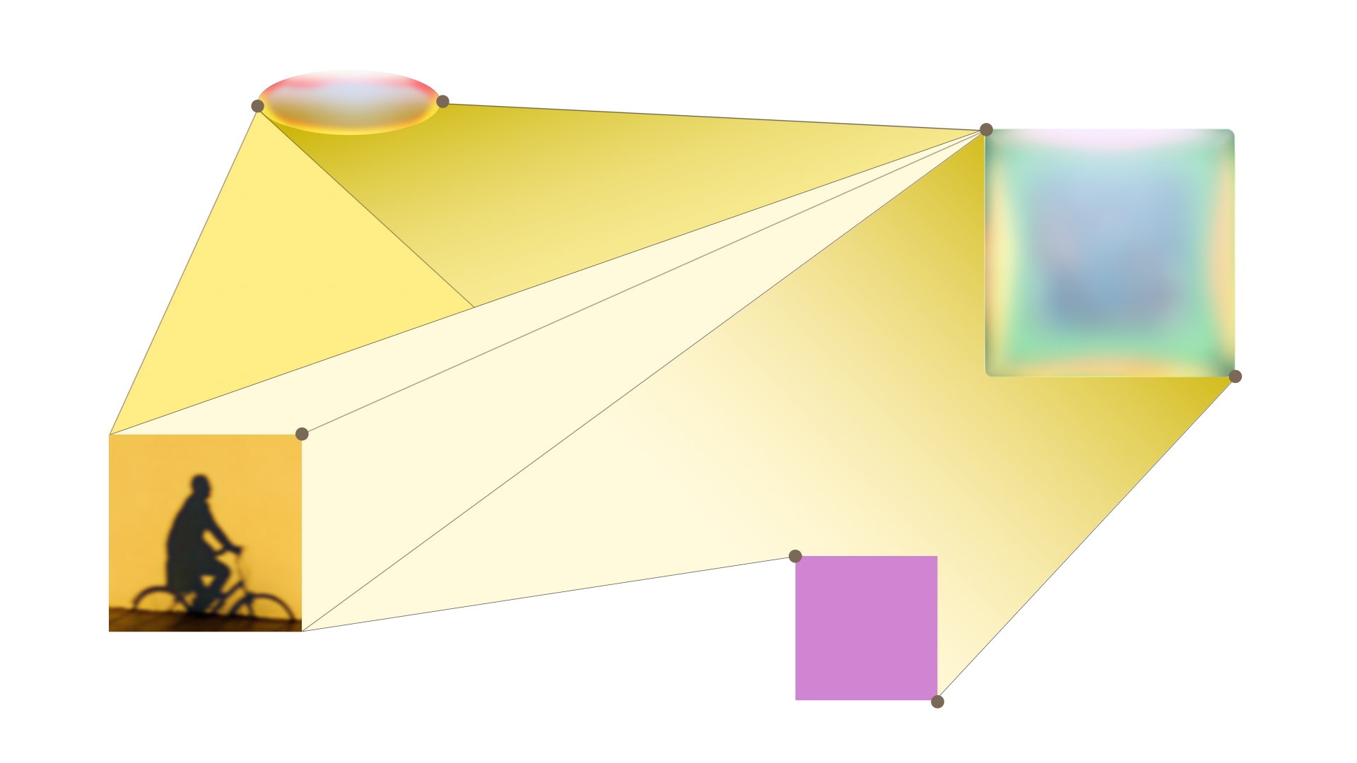 Abstract geometric illustration with yellow lines connecting nodes, featuring a cyclist silhouette, a pink oval, a square with a blurry gradient, and a smaller purple square on a light background.