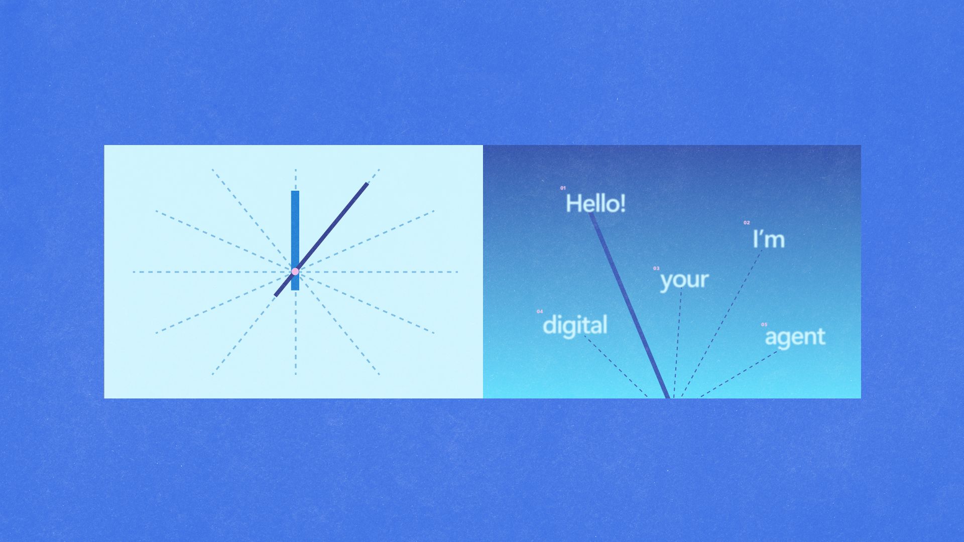 On the left, a clock shows 12:05. On the right, the clock hands point to words: “Hello! I’m your digital agent,” set against a blue gradient background.