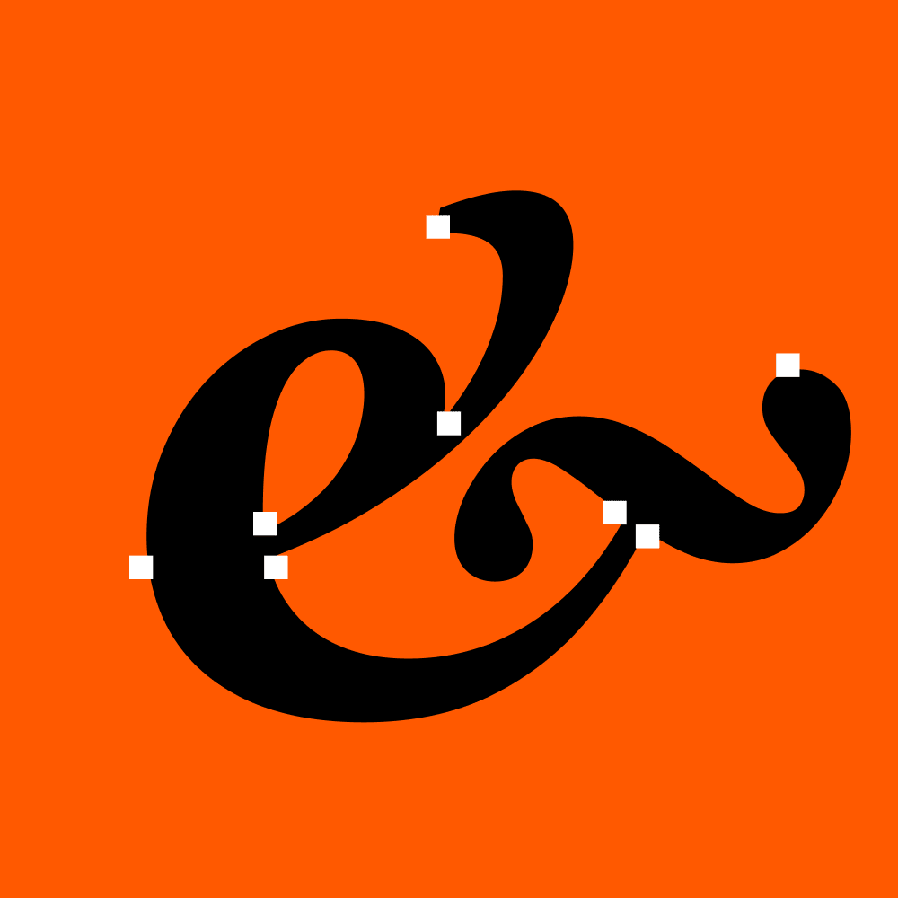 A bold, black, cursive lowercase “e” and “s” joined together on a bright orange background, with small white squares placed at intersections and ends of the letters.