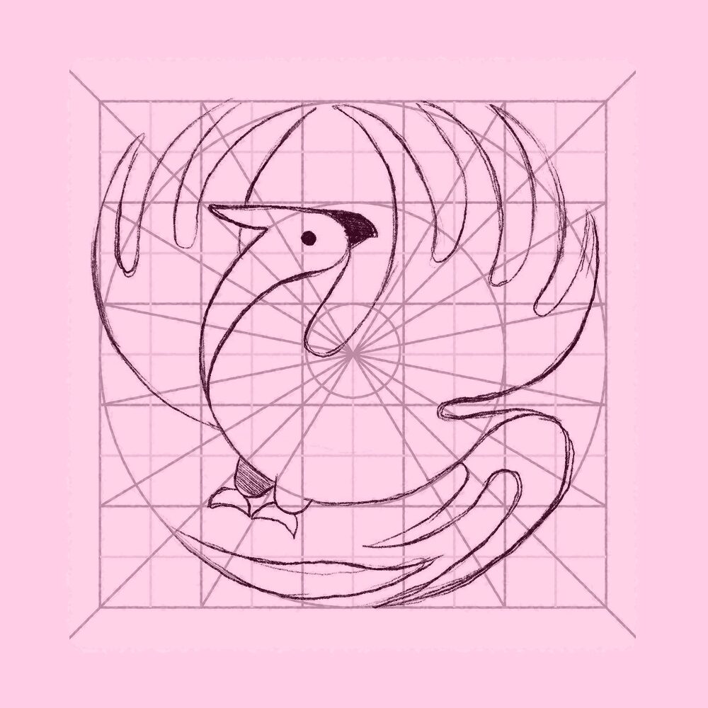 A geometric sketch of a stylized bird with a pointed beak and curved tail, surrounded by grid lines and circles, on a pink background.