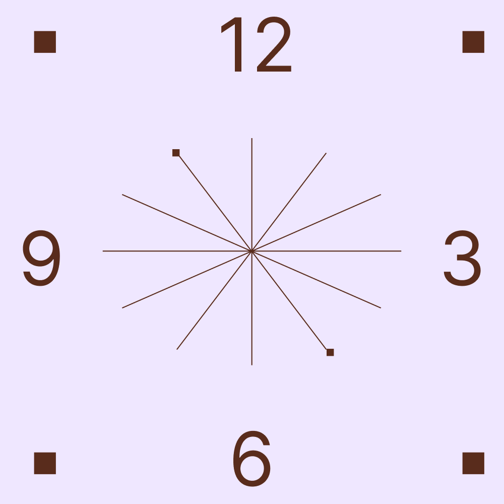 A minimalist clock face with numbers 12, 3, 6, and 9, radiating lines from the center, and four small squares in each corner on a light purple background.