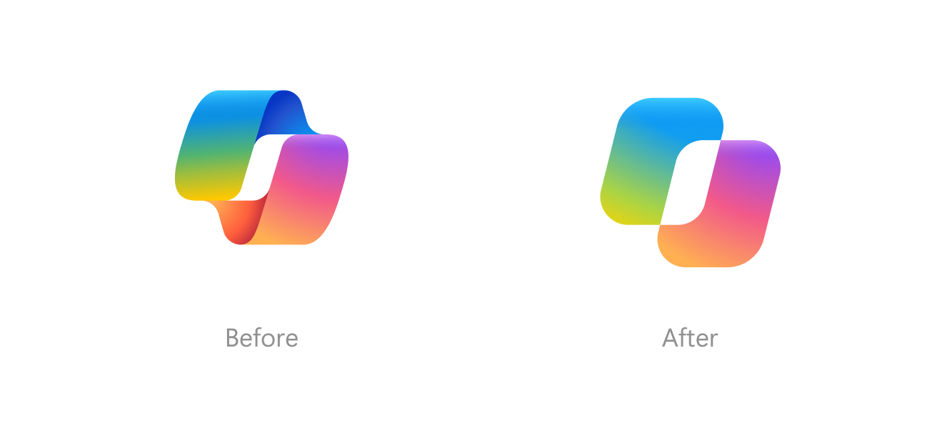 A comparison of two logos showing how Copilot’s icon joined the conversation, redesigning a single, complex overlapping ribbon into two simplified rectangular shapes with the same blue-to-pink gradient.