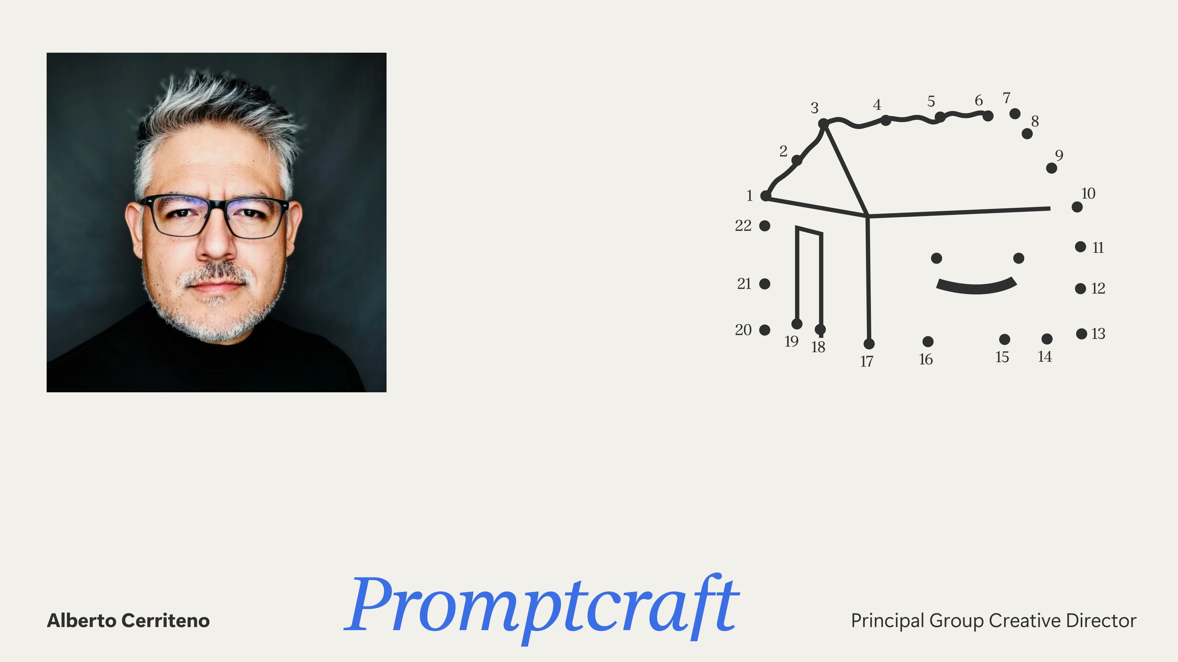Portrait of Alberto Cerriteno next to a numbered dot-to-dot drawing of a house with a smiley face, below the text “Promptcraft” and his title, Principal Group Creative Director.