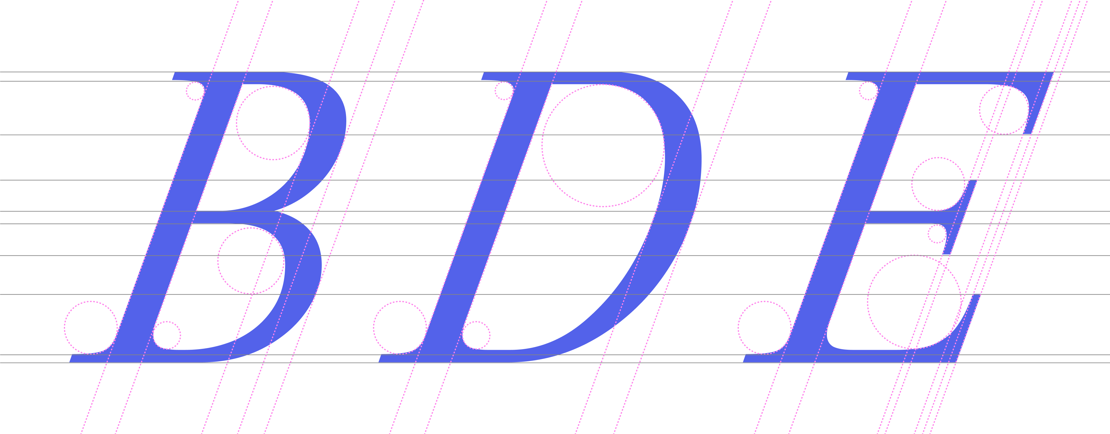 The italicized blue capital letters B, D, and E shown with pink construction guidelines and circles indicating typographic proportions.
