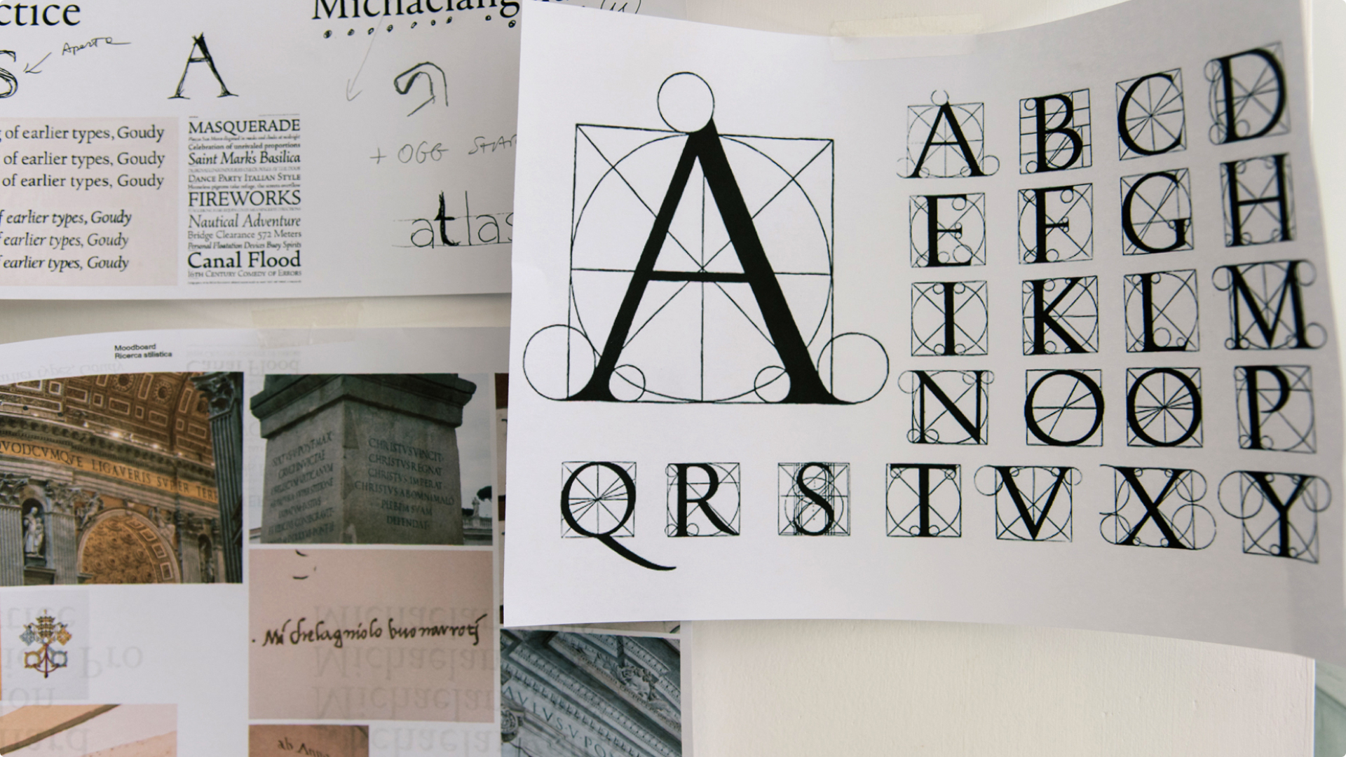 A design sheet showing the capital letter A constructed with geometric circles and squares, next to an alphabet grid of similarly constructed letters, surrounded by design references and typography examples.