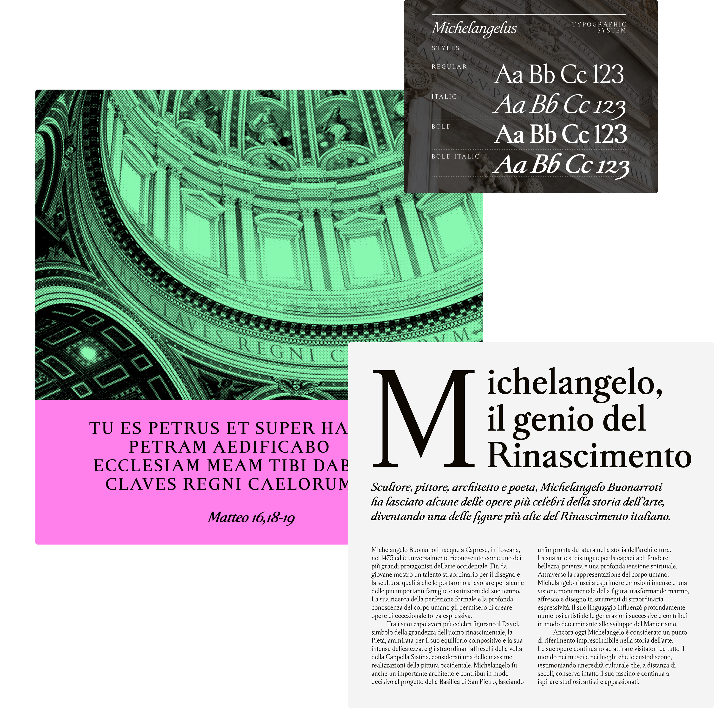 A layout displaying the Michelangelo typographic system alongside an image of St. Peter’s Basilica, a Latin quote from Matthew 16:18-19, and a biography of Michelangelo.