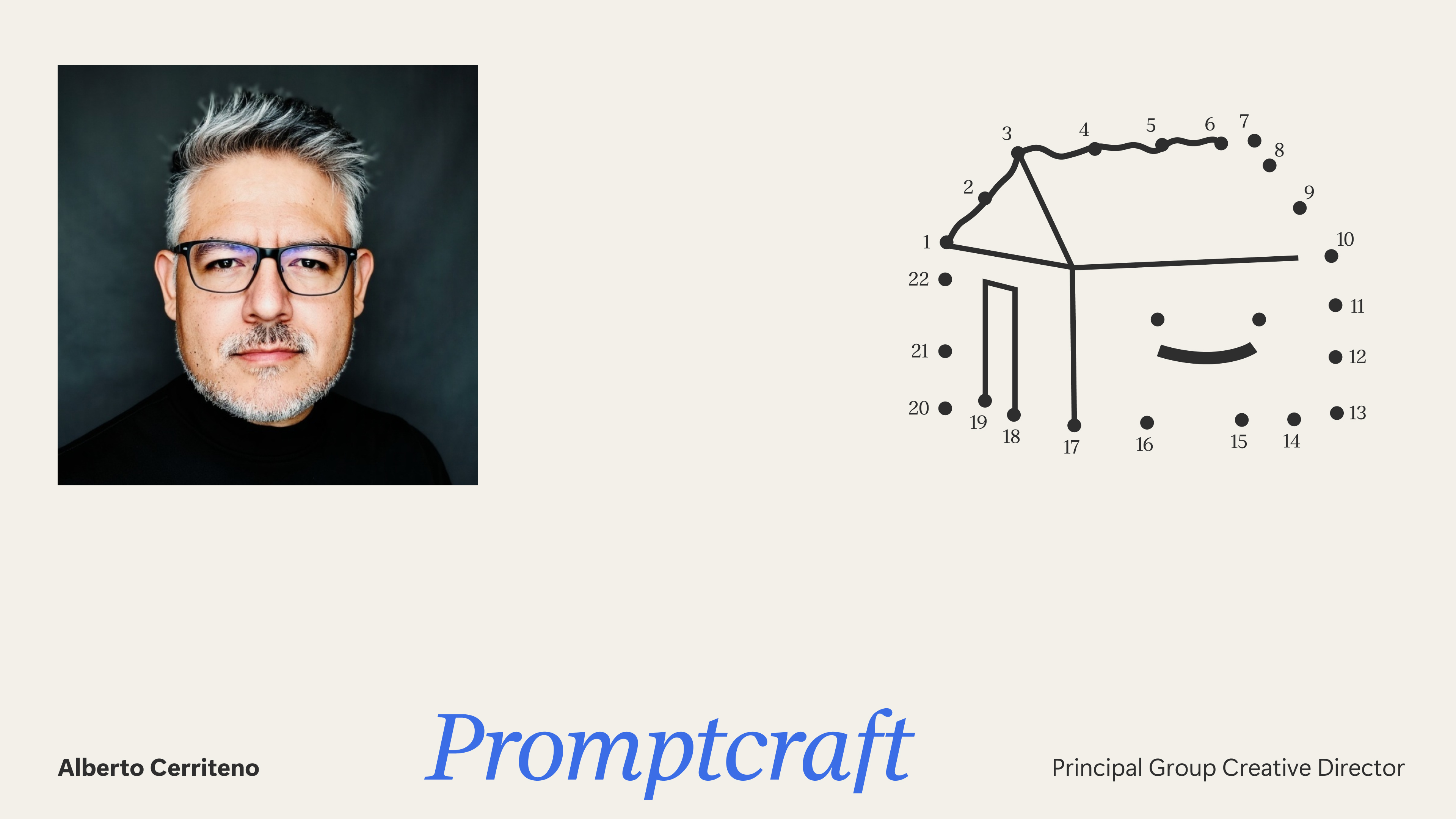 Headshot of Alberto Cerriteno next to a numbered dot-to-dot drawing of a house with a face, with the text “Promptcraft” and his job title below.