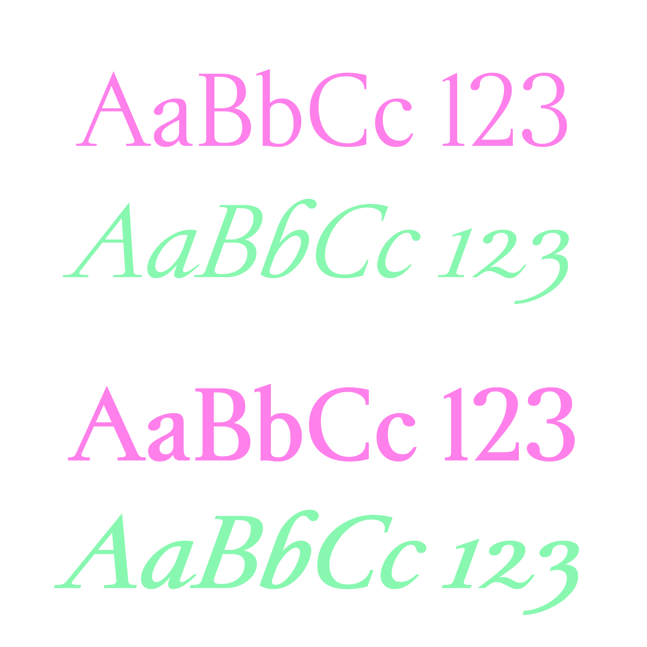 Four rows of text, each displaying the characters “AaBbCc 123”, alternating between pink and green, and between serif and script-style fonts.