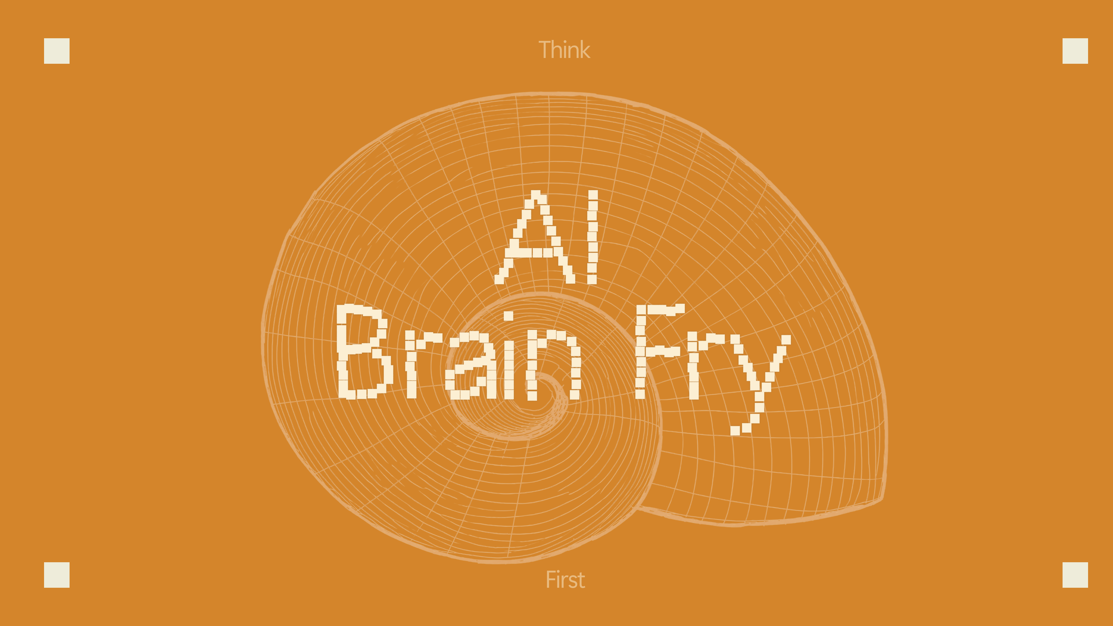 Graphic on an orange background featuring a wireframe spiral shell with the text “AI Brain Fry” in the center, “Think” at the top, and “First” at the bottom.