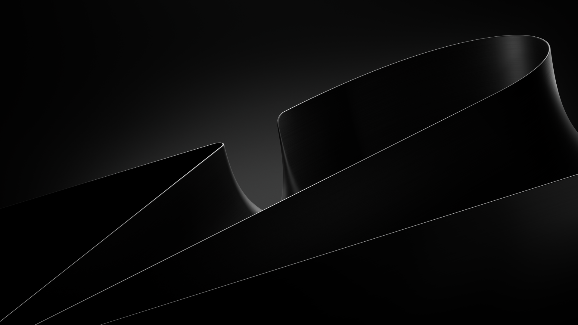 An abstract composition of smooth, flowing black curves against a dark background.